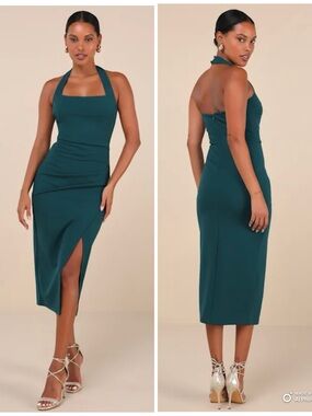 Lulus Large Prominent Charm Emerald Halter Bodycon Tulip Midi Dress NWT *FLAW*